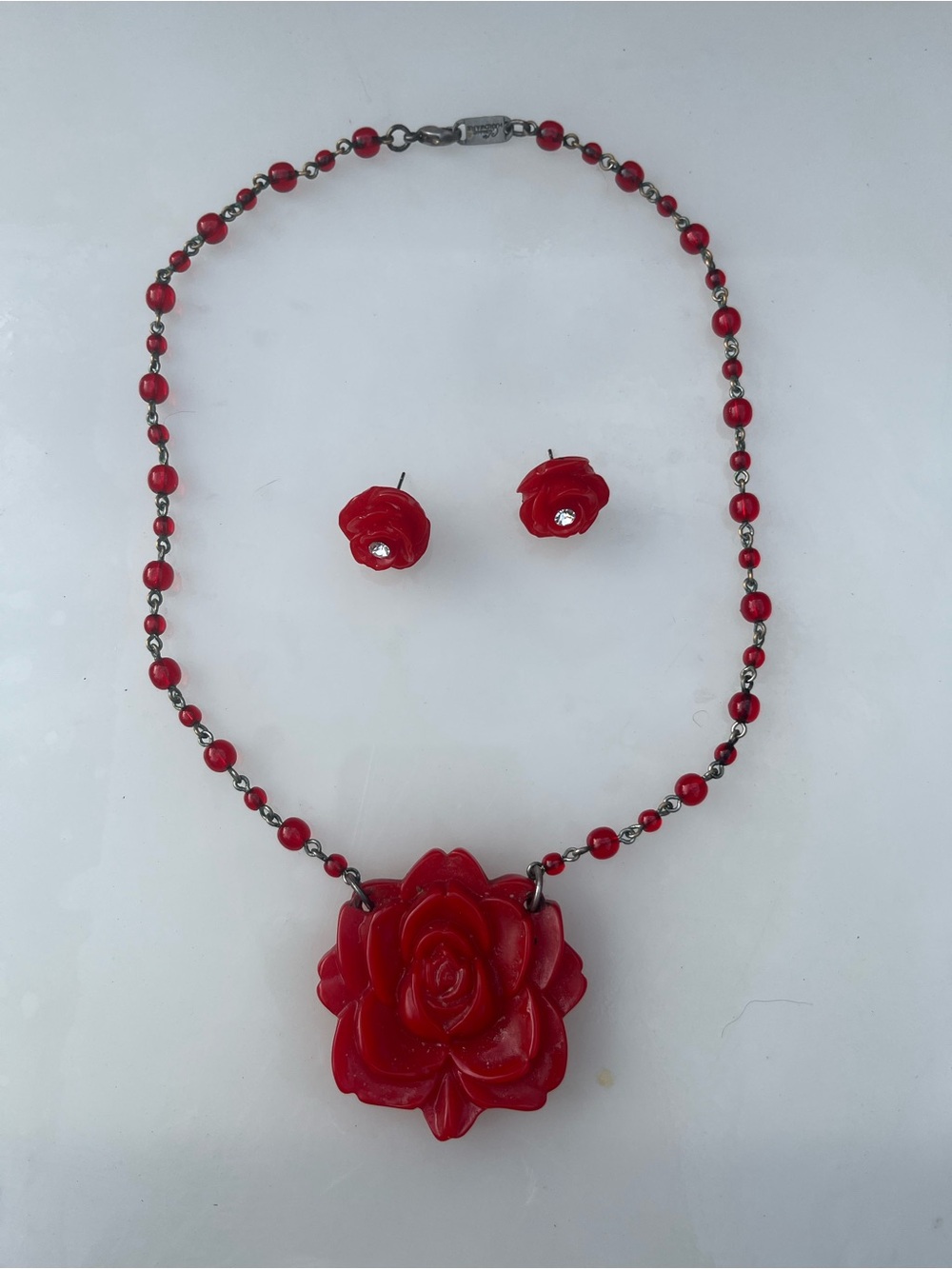 Red Rose Pendant Necklace and Stud Earrings Set - Women Jewelry